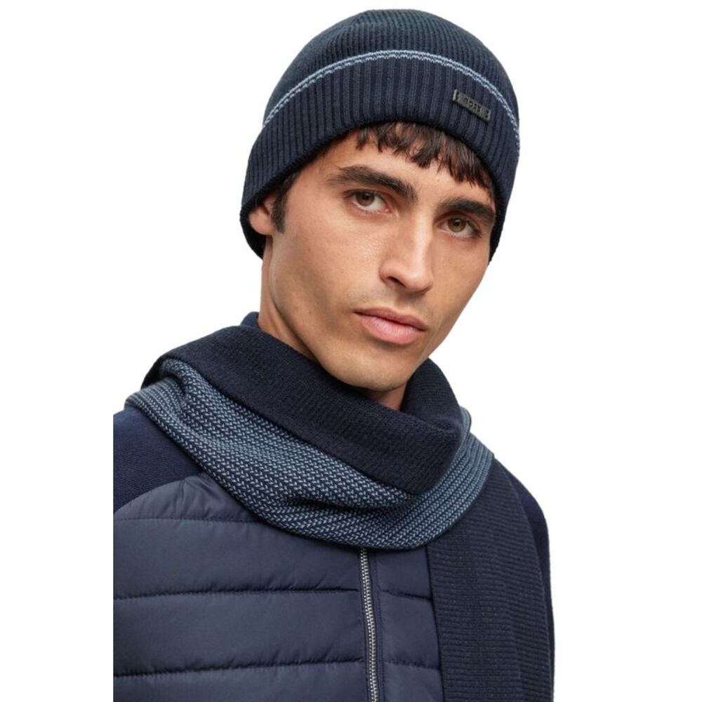 Hugo Boss Mens Cotton & Wool Blend Beanie & Scarf Set Dark Navy - NWT $178